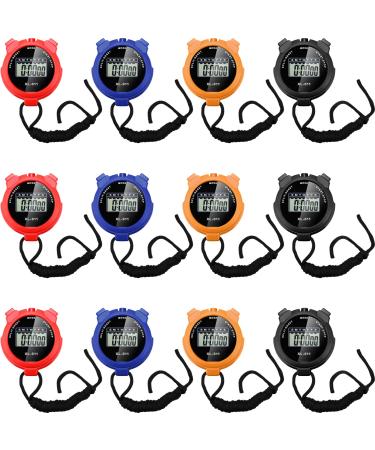 12 Pcs Digital Stopwatch Timer for Sports Multi Function Stopwatch with Lanyard Plastic Large Display Waterproof Date Time Alarm Stopwatch Watch Timer Fitness Referees (Black Blue Red Orange)