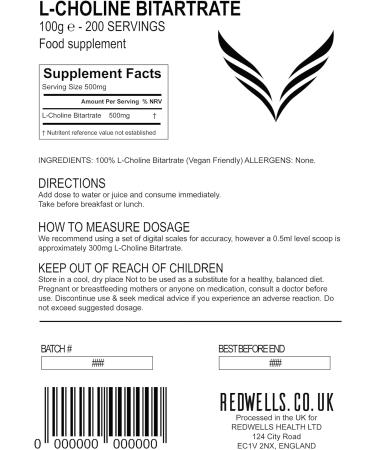Choline Bitartrate Powder | REDWELLS Cognitive Enhancer | GMO Free & Vegan | 100g Pack - Buy Online on GoSupps.com
