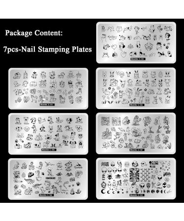 Cute Animal Print Nail Stamping Plates Set - Cat Unicorn Mermaid Dinosaur Dogs Rabbit Design - 7pcs Manicure Kit - Buy Online on GoSupps.com