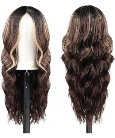Long Brown Wavy Wig 24 Inch Highlight Wigs for Women Middle Part Curly Synthetic Hair Natural Looking Heat Resistant Fiber for Daily Party Use (Brown Mixed Blonde) - Buy Online on GoSupps.com
