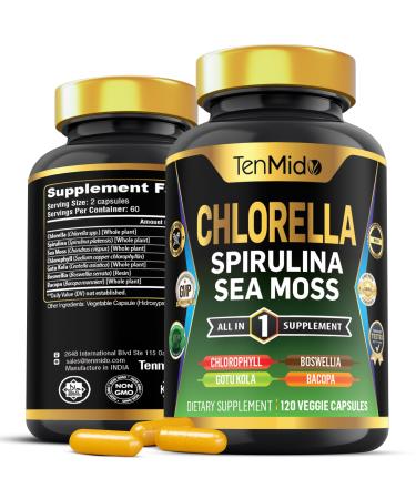 Tenmido Chlorella Supplement for Men and Women - 7in1 Formula with Spirulina Sea Moss Chlorophyll Gotu Kola Boswellia & Bacopa - Immune Support - Rich in Nutrient Vitamins - 120 Capsules