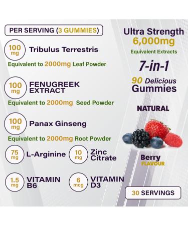 Testos MAX Strength Gummies 30 000mg (7in1) Tribulus Terrestris Fenugreek Panax Ginseng Extracts L-Arginine Zinc VitD3 and VitB6 Delicious Vegan Sugar Free for Adults with Grapes Flavour. - Buy Online on GoSupps.com