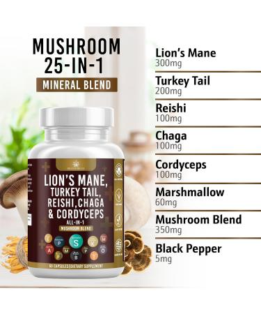 Mushroom Supplement with Lion's Mane Turkey Tail Reishi Cordyceps Chaga Marshmallow Root - 180 Count 180 Capsules (Pack of 3) - Buy Online on GoSupps.com