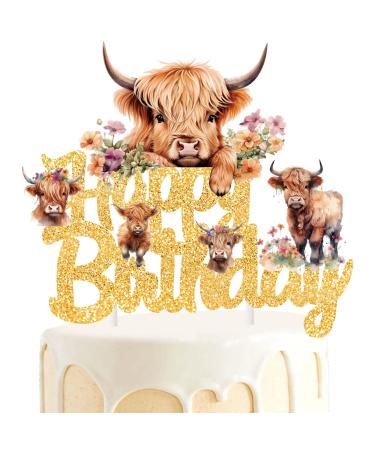 Highland Cow Birthday Cake Topper Gold Glitter Highland Cow Birthday Party Decorations Brown Cow Cake Topper Highland Cow Birthday Cake Decorations for Western Highland Cow Baby Shower Supplies