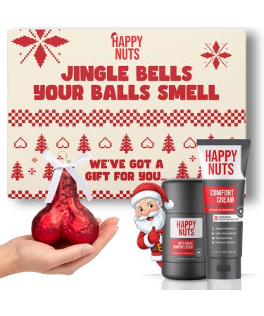 Happy Nuts Holiday Anti Chafing Deodorant Festive Essentials Bundle Kit - Perfect Men's Gift for Christmas - Includes Anti Chafing Comfort Cream Deodorant Chafe Stick & Cheeky Ornament Jingle Bells Your Balls Smell