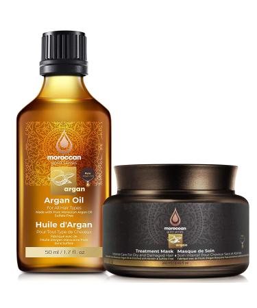 Moroccan Gold Series Deluxe Combo Set Argan Oil Treatment 50ml and Treatment Mask 250ml   Enriched with Keratin - Made with Pure Moroccan Argan Oil