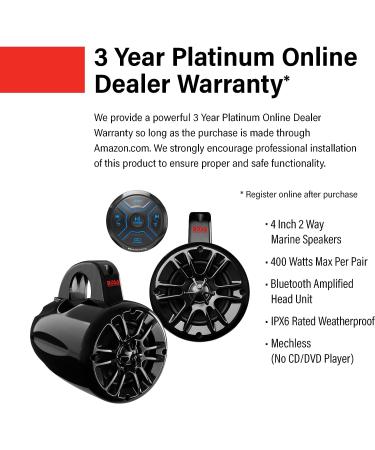 BOSS Audio Systems MG150T.4 Marine ATV UTV Waketower Speakers Package - Bluetooth, IPX6 Weatherproof, 2 CH Amplifier, USB/Aux-in, 4 Inch 2-Way Speakers - Buy Online on GoSupps.com