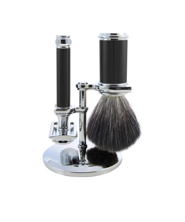 3-piece safety razor set double-sided safety razor black synthetic fibre with stand chrome-plated