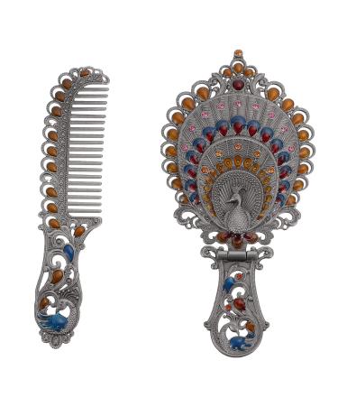 HEALLILY Vintage Peacock Mirror Comb Set  Vanity Mirror Comb Set  Metal Handheld Makeup Mirror Set  Foldable Retro Makeup Mirror Comb Set for Girls 1 Set (Silver)