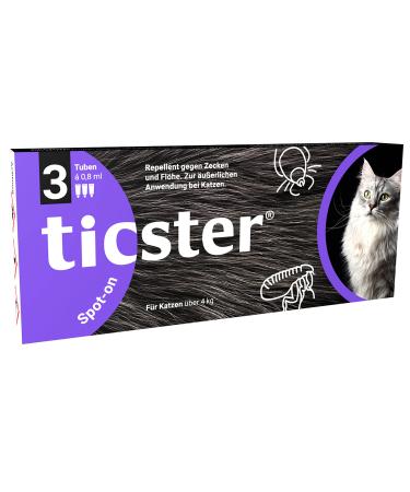 Ticster Spot-on for cats between 4-8 kg flea and tick content: 3x 0.8ml protection duration: up to 12 weeks (solution for rushing effective flea natural active ingredient) cats between 4-8 kg 3x 0.8ML