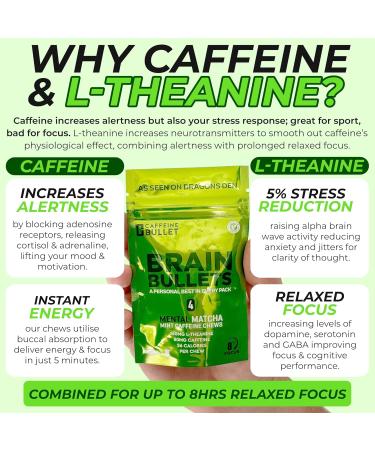80mg Caffeine & 160mg L-Theanine Focus Enhancing Energy Chews (4 Servings) Neuroscience Backed Nootropic Stack Mental Acuity & Cognitive Support | Mint Matcha Flavor Brain Bullet 1 Packet - 4 Chews - Buy Online on GoSupps.com