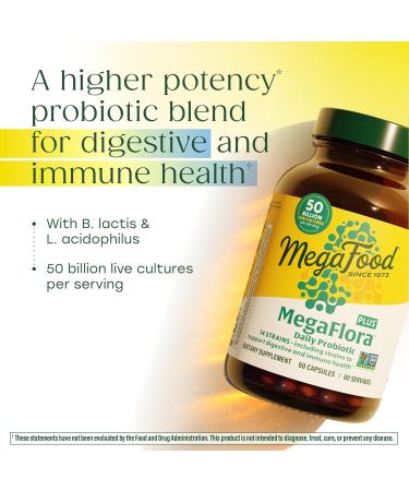 MegaFood MegaFlora Probiotic Plus - Probiotics for Women and Men Digestive Health - 50 Billion CFUs & 14 Strains - Immune Support Supplement - Vegetarian - 60 Capsules 60 Count (Pack of 1) - Buy Online on GoSupps.com