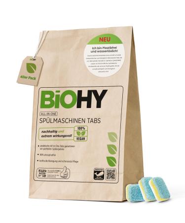 Biohy all-in-one dishwashers tabs (40 tabs) |Phosphate -free | For the daily cleaning of dishes & cutlery |Against the most stubborn fat & food residues |Powerful eco dishwashing tabs 40 pieces (1 Pack)