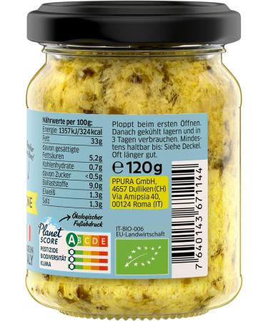PPURA BIO PESTO - Vegan Artichoke & Lemon Pasta Sauce | Gluten-Free Natural Made in Italy | 120g Glass Jar - Buy Online on GoSupps.com