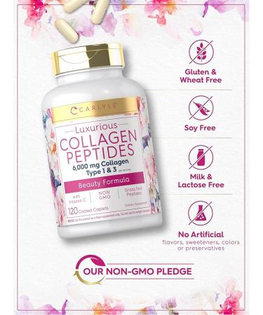 Carlyle Collagen with Vitamin C | 6000mg | 120 Caplets | Multi Collagen Peptide Pills | Type 1 and 3 | Non-GMO, Gluten Free, Grass Fed - Buy Online on GoSupps.com