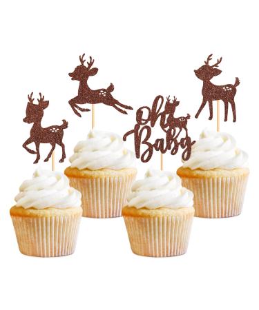 Ercadio 36 Pack Deer Cupcake Toppers Brown Glitter Deer Oh Baby Cupcake Toppers Deer Cupcake Picks for Christmas Theme Deer Birthday Baby Shower Cake Decoration Supplies Pattern-1