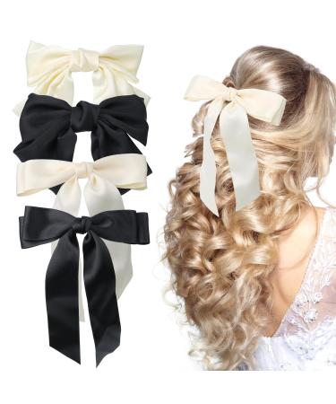 TOPBELIEF Silk Bow Ponytail Barrettes 4 Pieces Hair Clips with Large Bow Hair Bows for Women Elegant Bow Hair Accessories Black and Beige