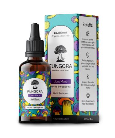 Fungora Lion's Mane Liquid Extract - Nootropic Brain Supplement for Memory & Focus - USDA Organic Lions Mane Mushroom - Sugar Free Alcohol Free - USA Grown - 2 FL OZ (60 Servings 2 Month Supply)
