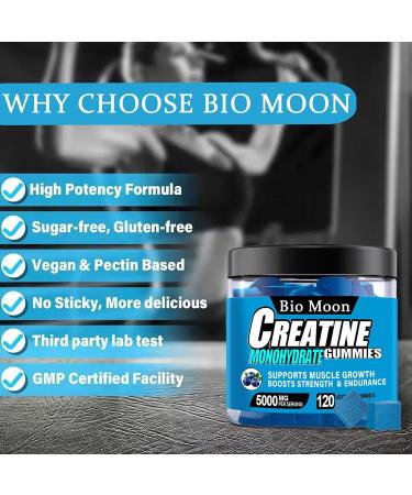 Bio Moon Creatine Monohydrate Gummies 5000mg for Men & Women Chewables Creatine Monohydrate for Muscle Strength Muscle Builder Energy Boost Pre-Workout Supplement(120 Count)- Blueberry Flavour - Buy Online on GoSupps.com