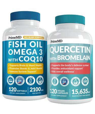 4-in-1 Fish Oil Omega 3 Supplements (2100mg) - Omega 3 Fish Oil with Vitamins D3 & K2 and CoQ10 & 28-in-1 Quercetin with Bromelain Supplement for Daily Immune Defense Support (120ct)