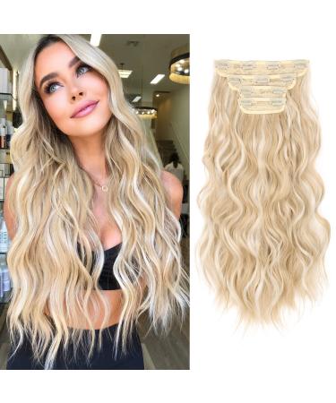 2023 Upgrade Clip in Hair Extension, YOGFIT Hair Extension Clips in Long Wavy Hair Extension 4PCS Thick Synthetic Fiber Natural Curly Hairpiece for Women Daily Use - Golden Blonde with Platinum Blonde Highlights 20 Inch-Beach Waves Golden Blonde with Plat