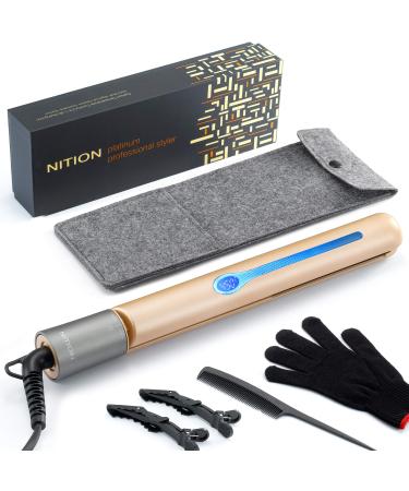 NITION Professional Salon Hair Straightener Argan Oil Tourmaline Ceramic Titanium Straightening Flat Iron for Healthy Styling,LCD 265F-450F,2-in-1 Curling Iron for All Hair Type,Gold,1 inch Plate Champagne Gold