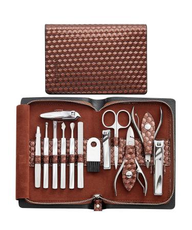 Manicure Set Familife, Gifts for Men Manicure Kit Nail Kit Nail Cutter Manicure Set Professional Pedicure Kit Stainless Steel Nail Clipper Set 12PCS Brown Leather Travel Case Grooming Kit for Men Home