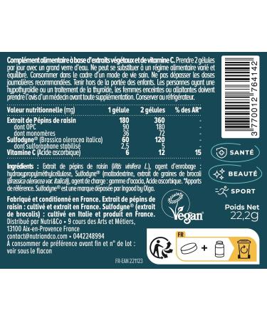 NUTRI & CO Antioxidant - Grape Seed OPC and Broccoli Sulforaphane - Vit C Collagen Precursor - Bio-available Anti-Aging Skin Mix - 60 Vegan Capsules - Made in France - Buy Online on GoSupps.com