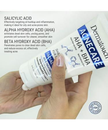 Dermatouch Acnecare Facial Scrub Daily Exfoliating AHA and BHA Face Cleanser With Salicylic Acid Vitamin C & E Coconut Oil and Olive Oil for Acne Prone Skin Clean Skin Care Made in USA 6 Fl Oz - Buy Online on GoSupps.com