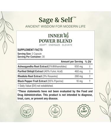 Sage & Self Inner Power Capsules Adaptogen Blend with Ashwagandha Shilajit Rhodiola & Black Pepper Supports Energy Resilience & Mental Clarity 1400 mg per Serving 60 Vegan Capsules - Buy Online on GoSupps.com