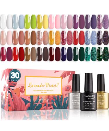 Lavender Violets Gel Nail Polish Kit 27+3 Colors Red Pink Purple and Green Soak-off UV LED Nail Gel with Base  Matte and Glossy Top Coat C703 Acid green
