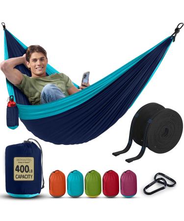 Durable Hammock 400 lb Capacity - Lightweight Nylon Camping Hammock Chair - Double or Single Sizes w/ Tree Straps and Attached Carry Bag - Portable for Travel/Backpacking/ (Navy, Medium) Navy & Light Blue Medium