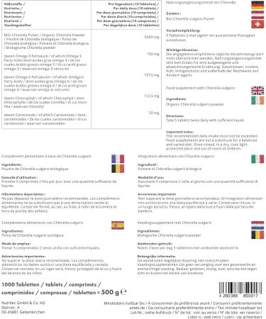 Nutritec Co KG 100 Chlorella Vulgaris 1000 pressings 500 mg algae per pressing without additives high dose vegan 5000 mg chlorella 1125 mg chlorophyll 20 mg carotenoid per day - Buy Online on GoSupps.com