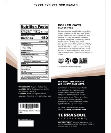 Terrasoul Superfoods Organic Rolled Oats 2.5 lbs - Gluten-Free Old-Fashioned Whole Grain - Buy Online on GoSupps.com