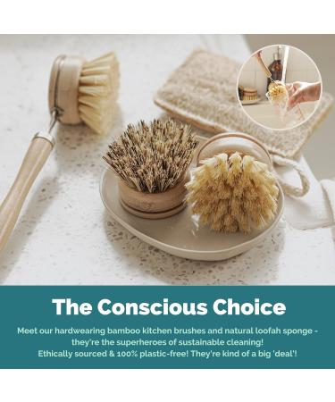 Jungle Culture Eco-Friendly Bamboo Dish Brush Set - 4 Piece Kitchen Cleaning Brushes with 3 Replacement Heads - Long Handle Wooden Brush for Pans, Plates, and Dishes - Buy Online on GoSupps.com