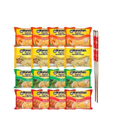 Ja Cor Instant Ramen Noodles Soup Variety Pack 4 Flavors: (4) Chicken (4) Creamy Chicken (4) Chili (4) Beef Noodle Flavor 3 oz Bundle with (1) Set of Reusable Chopsticks(16 Individual Packs)