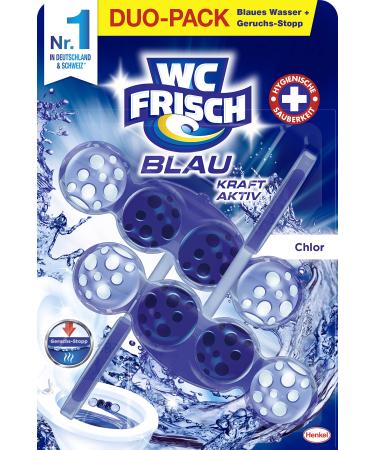WC Frisch Kraft Aktiv Blue Budding Chlorine (2*50 g) toilet cleaner with an innovative odor-stop formula fragrance stones for extra freshness and visible cleaning