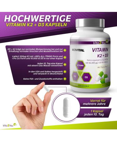 Buy Vita2you Vitamin D3 + K2 - 180 Capsules | 10 000 IU D3 & 200 g K2 (MK-7) - Premium Quality K2Vital - International Shipping - Buy Online on GoSupps.com