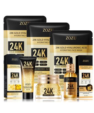 24K Skincare Set Skin Care Products Set Hyaluronic Acid Serum Skincare Gift Set With Facial Cleanser Face Serum Eye Cream Face Mask Anti-Aging Skin Care Kit For Women Gifts Set For Teen Girls