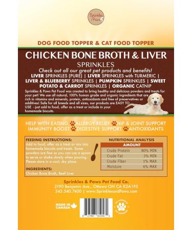 Sprinkles & Paws Chicken Bone Broth & Beef Liver Dog Food Topper | Healthy Powder Helps with Eating and Appetite | Made in Canada All Natural Free of Preservatives 190 g (Pack of 1) - Buy Online on GoSupps.com