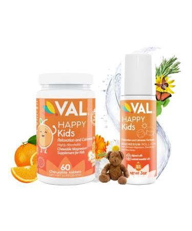 VAL Magnesium Bundle of Transdermal Magnesium Happy Kids Magnesium Roll-On 3 oz Plus Happy Kids Chewable Magnesium Supplement 60 Chew tabs Relaxation and Calmness for Kids