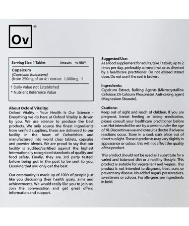 Max Strength Capsicum Tablets 1000mg | Premium Chilli Pepper Extract Supplement | Vegan | UK Manufactured | Oxford Vitality - Buy Online on GoSupps.com