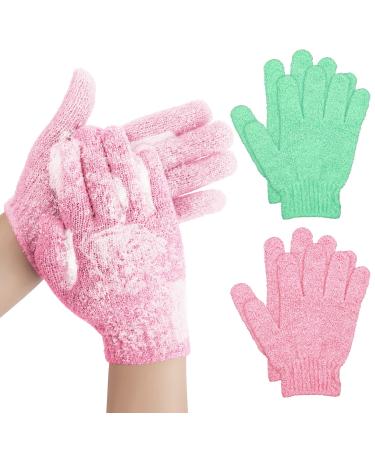 Sibba Bath Gloves for Shower Natural Loofah Exfoliating Wash Gloves for Body and Face Dead Skin Remover Double Sided Microfibre Shower Body Gloves for Adults and Kids (2 Pair Pink&Green)
