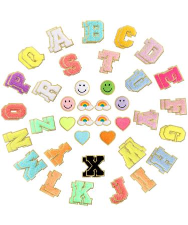 64PCS Adhesive Chenille Letter Patches 2 Packs A-Z Stick On Varsity Letter Patches Mixed Color Felt Alphabet Stickers Smile Face Love Heart Rainbow Chenille Patches for Clothes Jackets Backpacks Hats