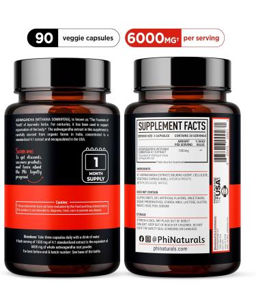 PhiNaturals Organic Ashwagandha Root Extract in Vegan Capsules Equal to 6000 Mg Root - Ashwaganda Supplement for Men and Women with 1500 Mg Per Serving 30 Servings - 500mg Per Vegan Capsule 90 Count - Buy Online on GoSupps.com