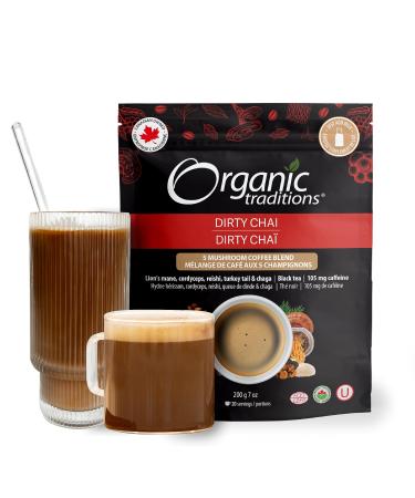 Organic Traditions Dirty Chai Mushroom Coffee Instant 5-Blend Mushroom Coffee Organic Adaptogen Latte Made with Chaga Cordyceps Reishi Lion's Mane and Turkey Tail 200g/7oz Bag
