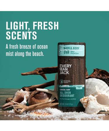 Every Man Jack All Over Deodorant - 24 Hour Whole Body Odor Protection - Aluminum Free - Coastal Surf Scent 2.6 oz (1 Pack) Coastal Surf 2.6 oz (Pack of 1) - Buy Online on GoSupps.com
