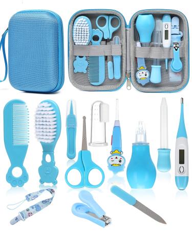 Baby Healthcare and Grooming Kit  Safety Newborn Nursery Care Set  with Hair Brush Comb  Nail Clipper  Thermometer  Pacifier Clip  Nasal Aspirator for Newborn Infant Baby Girls Boys (Blue)