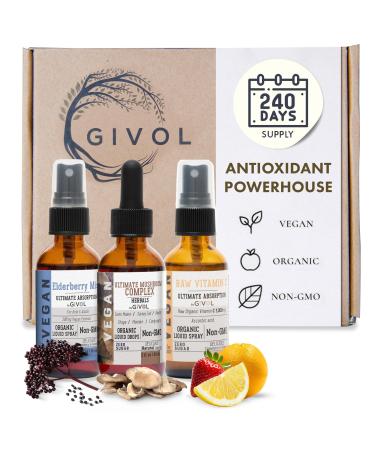 Antioxidant Powerhouse Bundle - Elderberry Raw Vitamin C Mushroom Complex - Nutriments Phytonutrients & Cognitive Well-Being All in One Package - Multivitamins - 2 Fl Oz - 240 Days Supply b) Elderberry Mist-Mushroom Comp