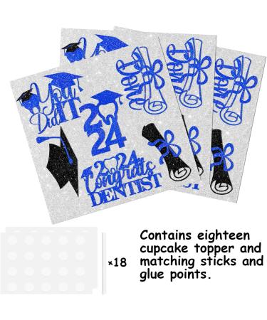 18pcs Blue Glitter Dessert Cupcake Topper Congrats Class of 2024 Dentist Theme Decorations 2024 Preschool High School College Graduation Party Decor Supplies - Buy Online on GoSupps.com